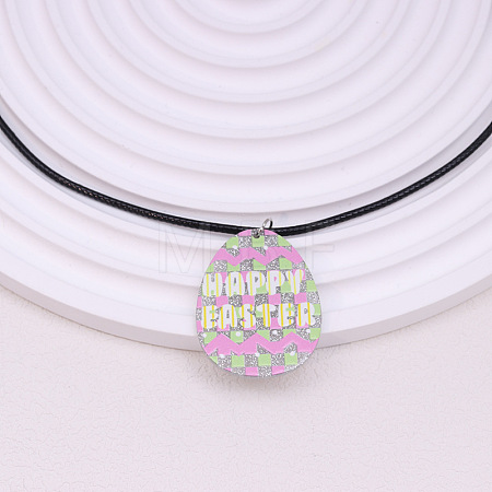 Colorful Happy Easter Acrylic Plaid Pendant Black Waxed Cord Necklaces for Women FS-WGC6641-04-1