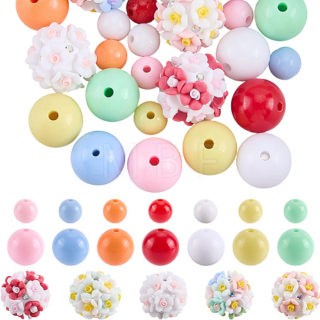 5Pcs 5 Colors Round Luminous Polymer Clay Rhinestone Flower Beads & 28Pcs 14 Styles Opaque Acrylic Beads Findings Kits DIY-PA0001-98-1