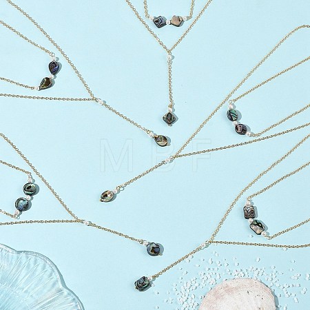 Natural Paua Shell Geometric Y Pendant Brass Double Layered Necklaces NJEW-JN06532-1