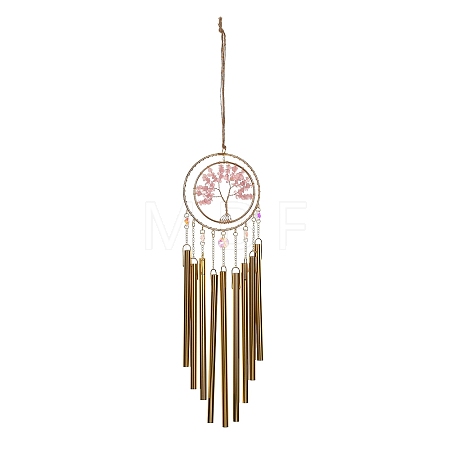 Wire Wrapped Natural Rose Quartz Chips Tree of Life Wind Chime HJEW-G028-04A-1