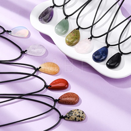 Natural & Synthetic Mixed Gemstone Teardrop Pendant Black Waxed Cord Adjustable Necklaces NJEW-G169-01-1