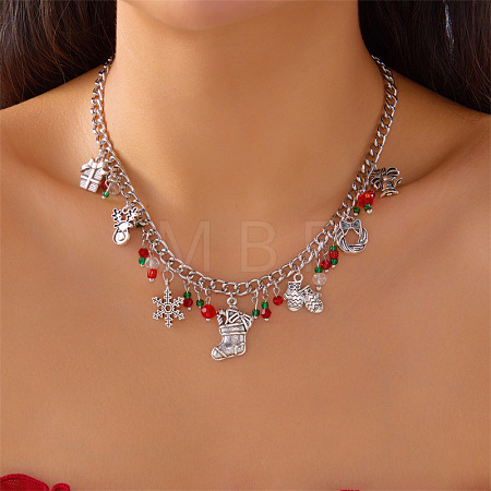 Alloy Rhinestone with Enamel & Plastic Christmas Pendant Bib Necklaces FS-WG99102-07-1