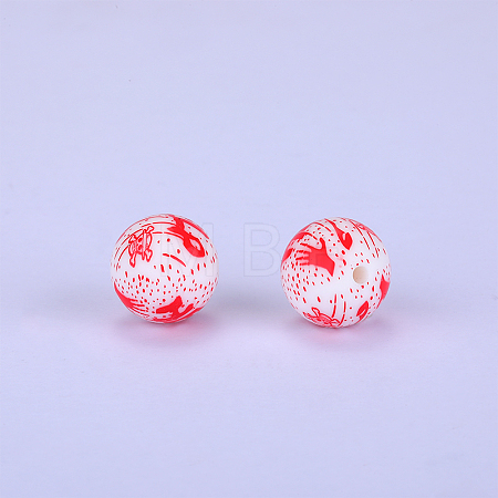 Printed Round with Skull Pattern Silicone Focal Beads SI-JX0056A-220-1