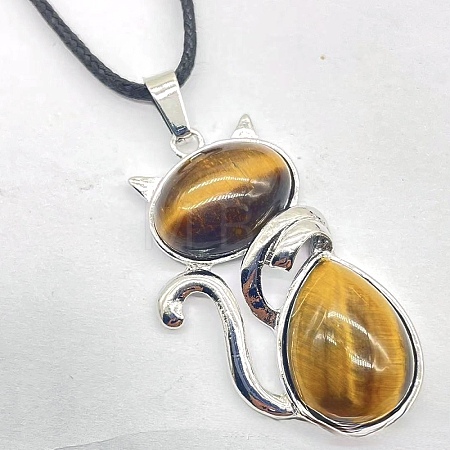 Natural Tiger Eye Alloy Cat Shape Pendant Necklaces KJ2639-3-1