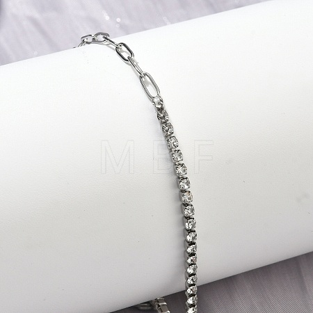 304 Stainless Steel Paperclip Chain & Rhinestone Cup Chains  Bracelets for Women BJEW-D456-06P-1