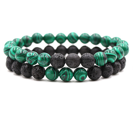2Pcs 2 Styles Synthetic Malachite & Natural Lava Rock Round Beaded Stretch Bracelets for Couple FS-WGA2A2E-01-1