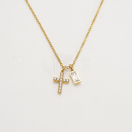 304 Stainless Steel Pave Cubic Zirconia April Birth Stone Religion Cross and Rectangle Pendant Necklaces WG51992-02-1