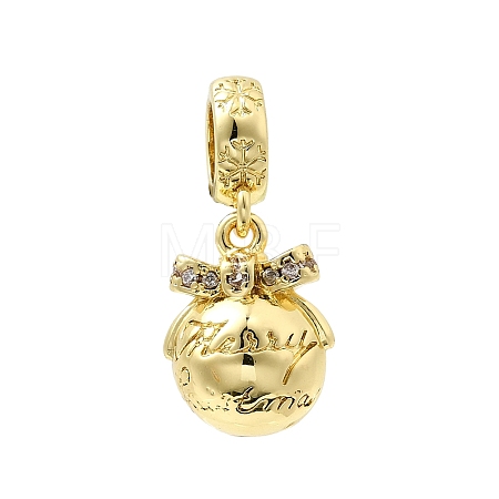 Bowknot Gift Box with Word Merry Christmas Brass Micro Pave Cubic Zirconia European Dangle Charms KK-L258-06G-1