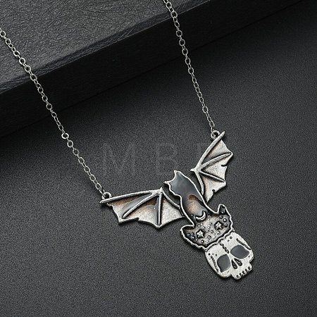 Gothic Alloy Skull with Bat Pendant Necklace AL-G056-02AS-A-1