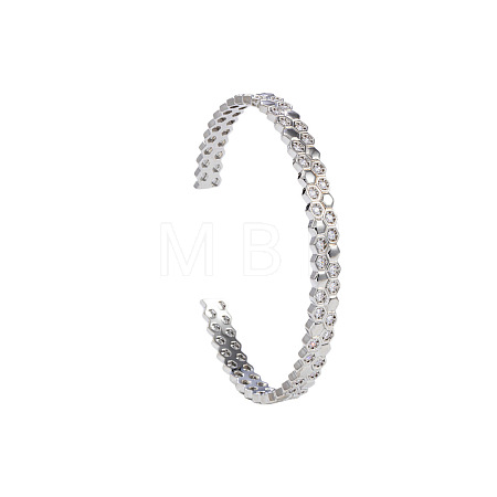 Brass Micro Pave Clear Cubic Zirconia Honeycomb Hexagon Cuff Bangles for Women WG502CE-02-1