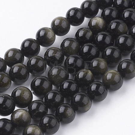 Natural Golden Sheen Obsidian Beads Strands G-C068-8mm-9-1