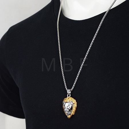 304 Stainless Steel Pave Clear Cubic Zirconia Lion Head Pendant Box Chain Necklaces FS-WG6581A-05-1