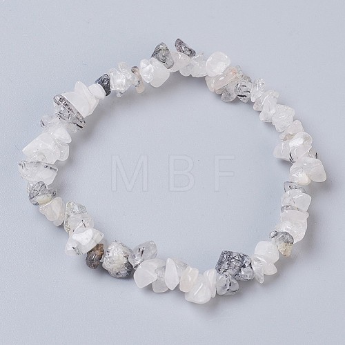 Natural Tourmalinated Quartz/Black Rutilated Quartz Stretch Bracelets BJEW-JB03681-01-1