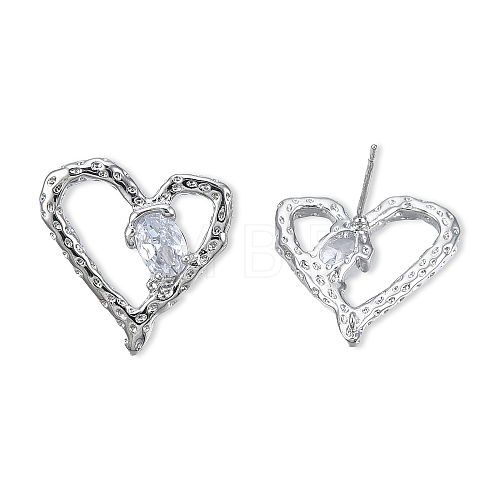 Clear Cubic Zirconia Heart Stud Earrings EJEW-N012-51P-A-1