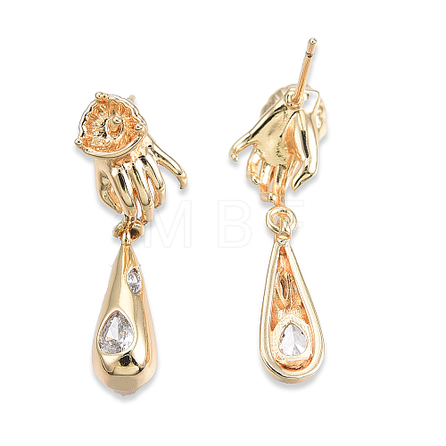 Brass Pave Clear Cubic Zirconia Hand with Teardrop Dangle Stud Earring Findings KK-N232-477LG-A-1