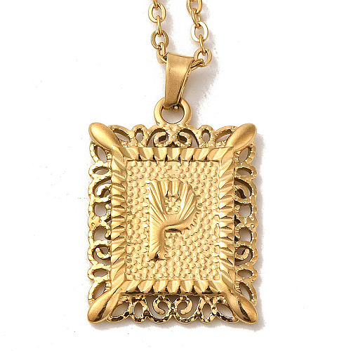 201 Stainless Steel Cable Chain Rectangle with Letter Pendant Necklaces NJEW-M070-01G-P-1