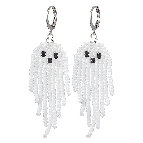 Halloween Woven MIYUKI Seed Beads Ghost Hoop Earrings EJEW-JE05854-01-1