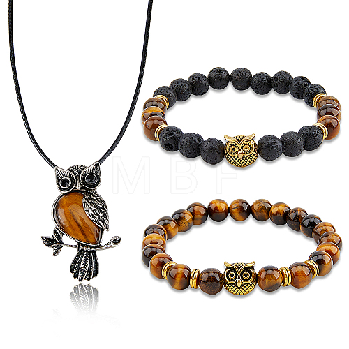 Alloy Owl Pendant Necklace & Beaded Stretch Bracelets SJEW-FI0001-06-1