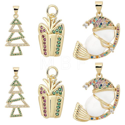 6Pcs 3 Style Christmas Theme Brass Micro Pave Cubic Zirconia Pendants ZIRC-CN0001-02-1