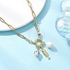 White and Blue Porcelain Round & 304 Stainless Steel Fish & Imitation Pearl Pendant Necklaces for Women NJEW-JN05650-1