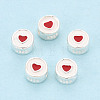 925 Sterling Silver Enamel Flat Round with Red Heart Beads STER-T009-22S-2