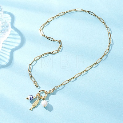 White and Blue Porcelain Round & 304 Stainless Steel Fish & Imitation Pearl Pendant Necklaces for Women NJEW-JN05650-1