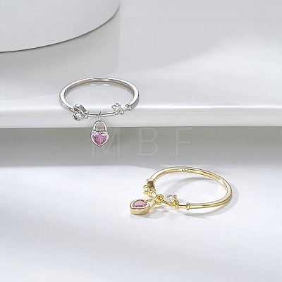 Rhodium Plated 925 Sterling Silver Finger Ring with Cubic Zirconia Heart Pad Charms RJEW-C064-34E-P-1