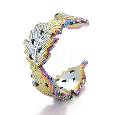 Rainbow Color Ion Plating(IP) 304 Stainless Steel Leaf Wrap Open Cuff Ring for Women RJEW-A005-11-1