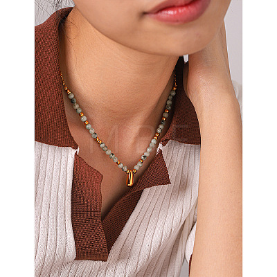304 Stainless Steel Teardrop Pendant Natural African Turquoise(Jasper) Round Beaded Necklaces for Women WGE7304-01-1