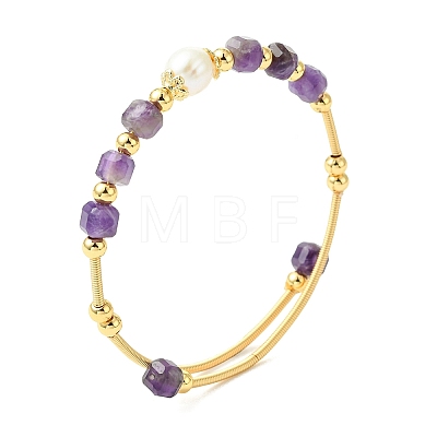 Natural Amethyst & Freshwater Pearl Beaded Copper French Wired Cuff Bangles for Women BJEW-JB13987-02-1