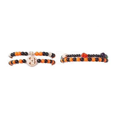 Halloween Theme Skull Synthetic Turquoise(Dyed) Stretch Bracelets Sets BJEW-JB09199-1