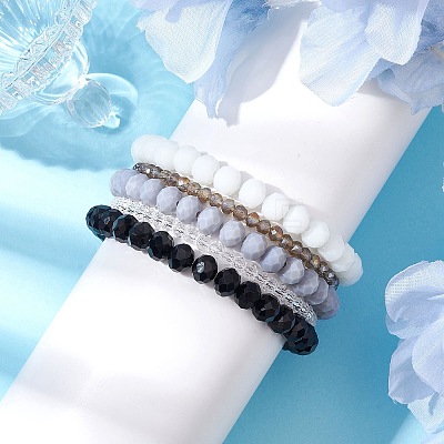 5Pcs 5 Styles Faceted Round Glass Beaded Stretch Bracelet Sets BJEW-JB10423-03-1