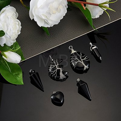 6Pcs 6 Style Natural Obsidian & Black Agate Pendants G-SZ0001-91-1