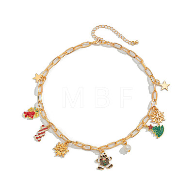 Alloy Enamel Gingerbread Man Christmas Tree Snowflake Pendant Iron Paperclip Chain Necklaces for Women FS-WG51005-01-1