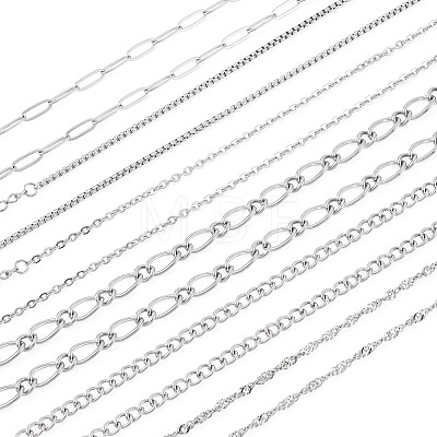 6Pcs 6 Styles 304 Stainless Steel Figaro Chain & Curb Chain & Box Chain & Water Wave Chain & Cable Chain Necklaces Sets for Women NJEW-TADJ0003-1