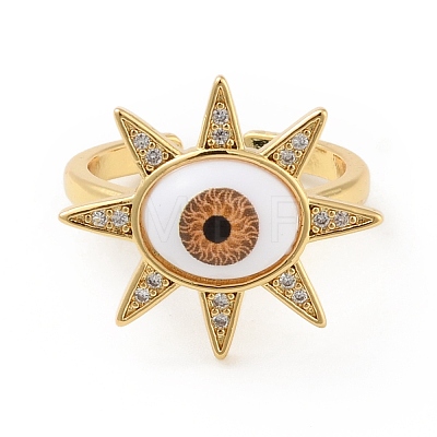 Cubic Zirconia Sun with Evil Eye Open Cuff Ring with Acrylic RJEW-B042-09G-01-1