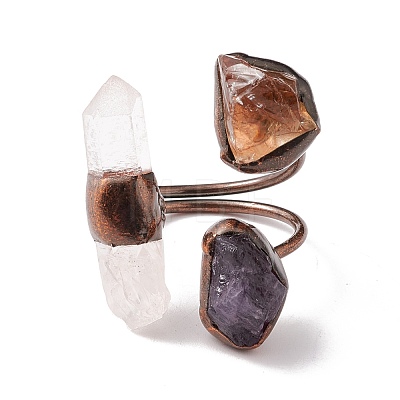 Natural Amethyst & Quartz Crystal Irregular Nugget Open Cuff Ring RJEW-I082-07R-02-1
