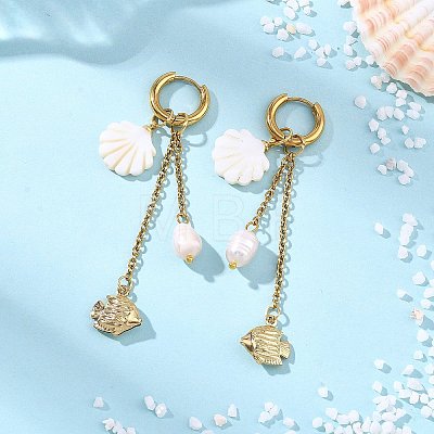 Natural Freshwater Shell & 316 Surgical Stainless Steel Charms Dangle Earrings for Women EJEW-JE07141-1