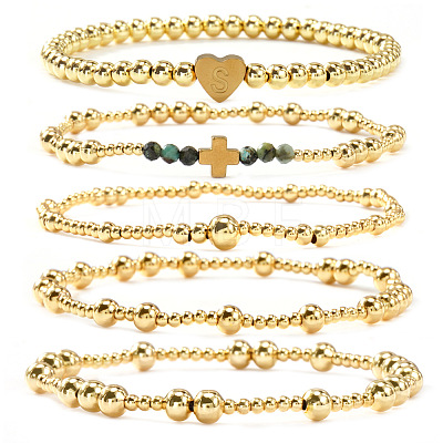 5Pcs Brass & Natural African Turquoise(Jasper) Beads Stretch Bracelets for Women BK1359-7-1
