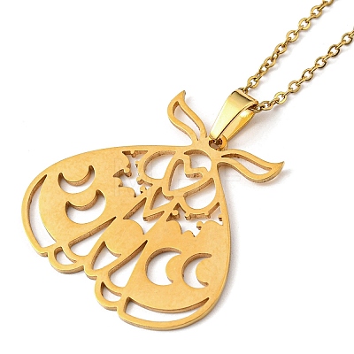 201 Stainless Steel Moth with Moon Phase Pendant Necklace with Cable Chain NJEW-Q317-20G-1