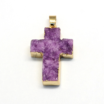 Plated Natural Druzy  Agate Cross Pendants G-R275-06-1