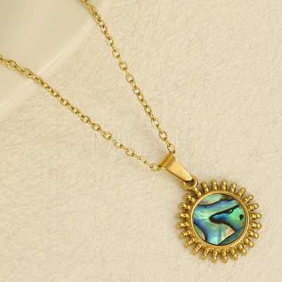 304 Stainless Steel Pave Natural Paua Shell Sun Pendant Necklaces WM7741-3-1