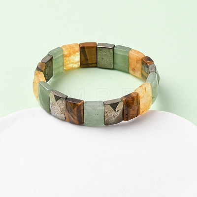 Rectangle Natural Pyrite & Green Aventurine & Tiger Eye & Quartz Crystal Beads Stretch Bracelets for Women Men BJEW-Z149-01I-1