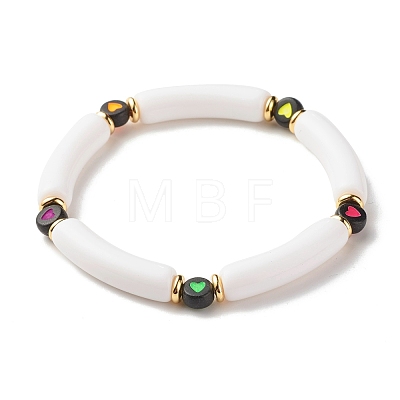 Acrylic Chunky Curved Tube Beaded Stretch Bracelet with Heart for Women BJEW-JB07586-1