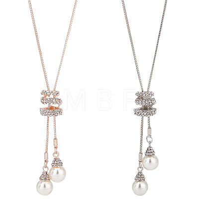 ANATTASOUL 2Pcs 2 Color Plastic Imitation Pearl Pendant Lariat Necklace with Crystal Rhinestone NJEW-AN0001-18-1