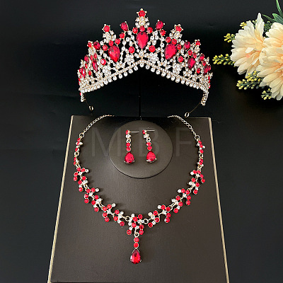 Teardrop Alloy Rhinestone Pendant Necklaces & Stud Dangle Earrings & Crown Hair Band Sets FS-WGFDFEC-02-1