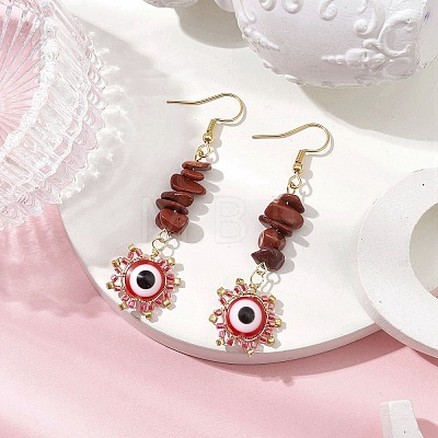 Evil Eye Natural Red Jasper Chip & Seed Beads Dangle Earrings EJEW-MZ00166-03-1