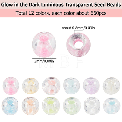 SUNNYCLUE 12 Colors Glow in the Dark Luminous Transparent Glass Round Seed Beads GLAA-SC0002-06B-1