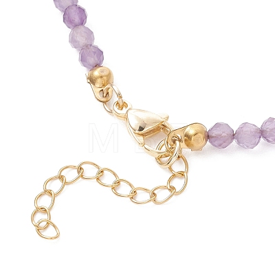 3Pcs 3 Styles Brass Heart Locket Pendant Faceted Round  Natural Amethyst & Rose Quartz & Dyed Agate Beaded Necklaces NJEW-JN05737-1