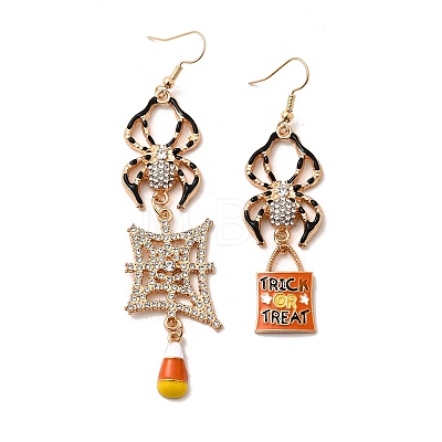 Alloy Crystal Rhinestone and Orange Enamel Spider Dangle Asymmetrical Earrings EJEW-P319-04G-1
